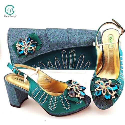 2021 Italian Design Hot Selling African Avocado Color Party Ladies Shoes and Bag Set Decorated With Flower Style Rhinestone