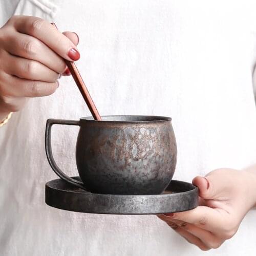 260 ml creative retro mug with spoon simple ceramic couple water cup office Japanese handmade stoneware coffee cup and saucer