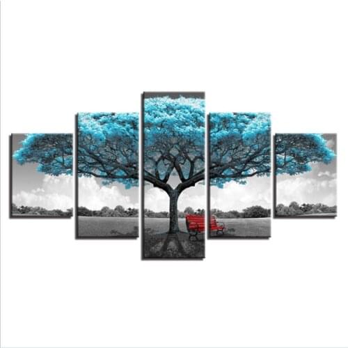 5 Pieces Blue Tree Art Scenery Landscape Paintings Framework Modular Canvas HD Prints Posters Home Decor Wall Art Pictures
