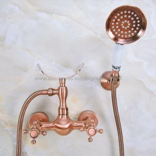 Antique Red Copper Bathroom Faucet Bath Faucet Mixer Tap Wall Mounted Hand Held Shower Head Kit Shower Faucet Sets Kna346