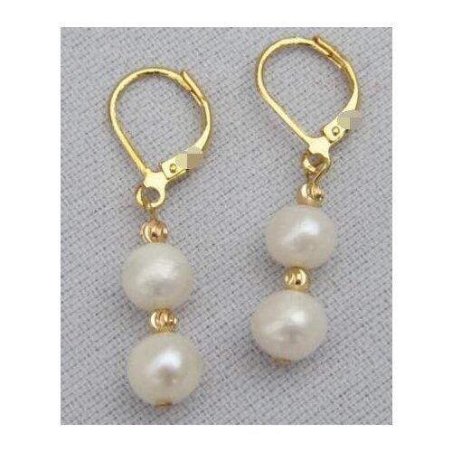 Free shipping CHARMING A PAIR white black NATURAL PEARL EARRING 9-10MM 14K/20 YELLOW HOOK