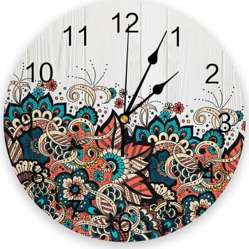 Mandala Flower Wood Grain Round Wall Clock Modern Design Home Living Room Decoration Childrens Room Kitchen Table Clock
