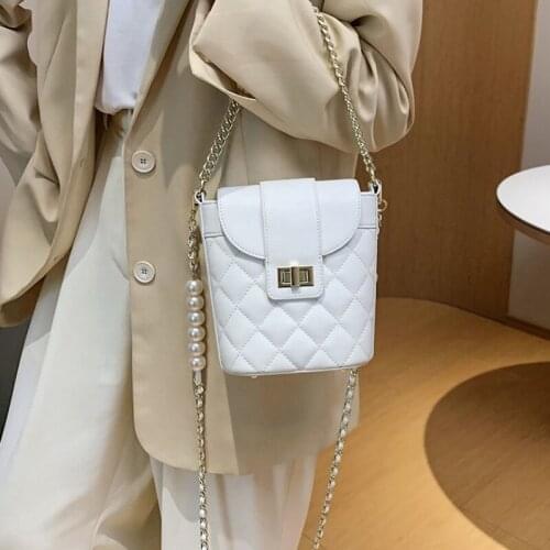 Diamond Lattice Designer Women High Quality Pu Leather Bucket Bag Chain Slung Shoulder Bag Small Pearl Hasp Pouch Crossbody Bags