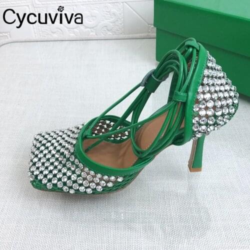 Designer Crystal Net Mules High Heels Women Sandals High Quality Leather Party Shoes Woman Brand Ankle Strap Summer Sandals 2021