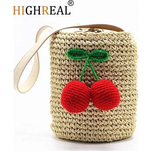 HIGHREAL Cherry Pompon Summer Style Cylinders Handbags Bohemian Boho Indian Hair Straw Bag Thai Woven Beach Bag
