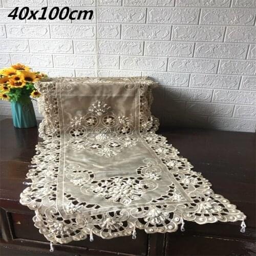 Exquisite Classical Handmade Beading Hollow Craft Beige Tablecloth TV Wall Cabinet Tea Table Flag Kitchen Living Room Decoration