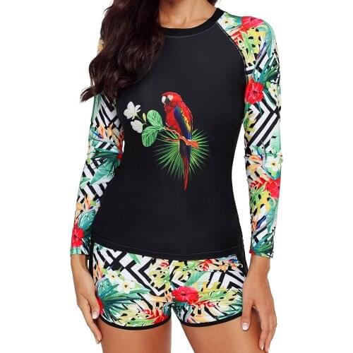 Plus Size Two Piece Swimsuit Women Print Rash Guard S-3XL Swimwear Long Sleeve Surfing Suit Shorts Bathing Suits Pad Beachwear