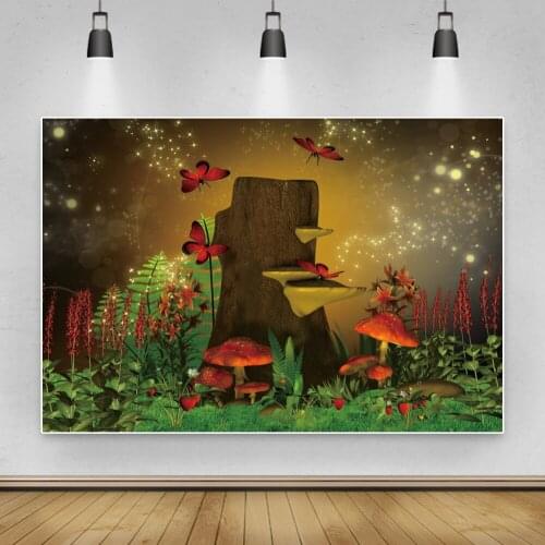 Leacco Fairytale Wonderland Photo Backdrops For Pet Baby Toy Portrait Butterfly Mushroom Photographic Backgrounds Photo Studio