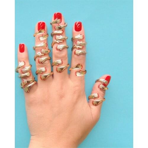 Cute Gold Color Red Nail Polish Round Embrace Ring For Women Girls Creative Open Cuff Hand Hug Ring Party Fashion Jewelry A986