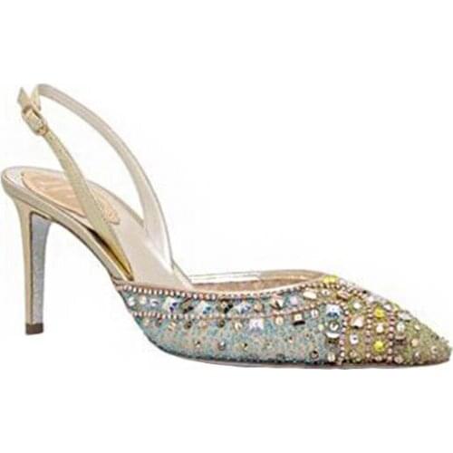 Moraima Snc Woman Pointed Toe High Heel Shoes Sexy Crystal Embellished Slingback Thin Heels Sandals Slip on Party Wedding Heels