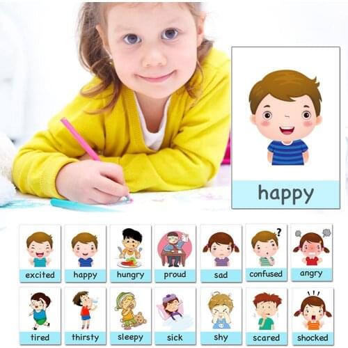 14pcs/set English Learning Card Early Childhood Emotional Education Toys Children Baby Memory Cartoon Cards Brain Game Toy Gifts