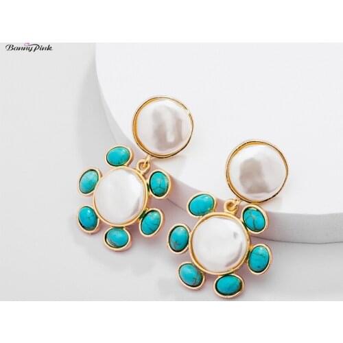 Banny Pink Bohemia Geometric Stone Statement Stud Earrings For Women Korea White Pearl Earrings Vintage Indian Pendant Earrings