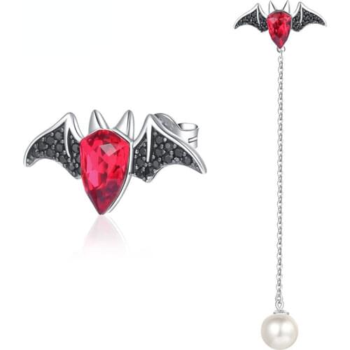 Halloween Bat Wing Stud Earrings 925 Sterling Silver Stud Earrings for Women Red Crystal Geometric Party Gifts Fine Jewelry