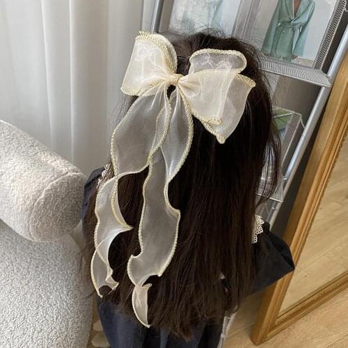 Stylish Charming Hair Clips Elegant Bowknot Korean Style Hair Accessories Net Yarn Girls Long Ribbon Hair Bow Christmas Festival
