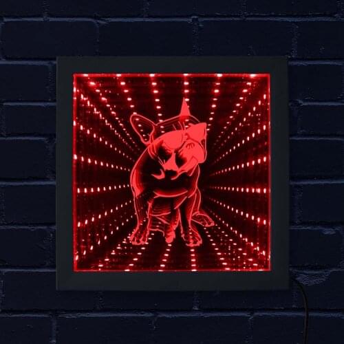 French Bulldog LED Illusion Mirror Frenchie Dog Breed Mesmerizing Tunnel of Light RGB Color Changing Infinity Mirror Wood Frame