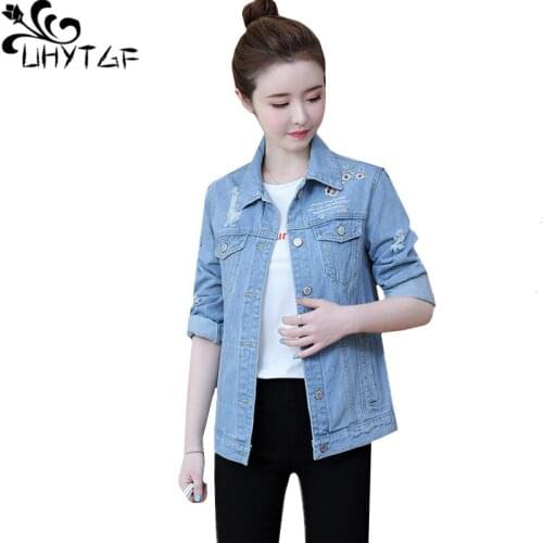 UHYTGF Womens Denim Jacket Fashion Embroidered Hole Elegant Spring Autumn Jeans Coats Female Casual 5XL Plus Size Outerwear 1079