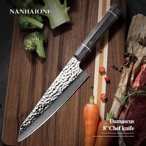 NANHAIONE Damascus Steel Japanese Kiritsuke Chef Knife with NEW Design Carbon Fiber Fluorescence Resin Octagonal Handle