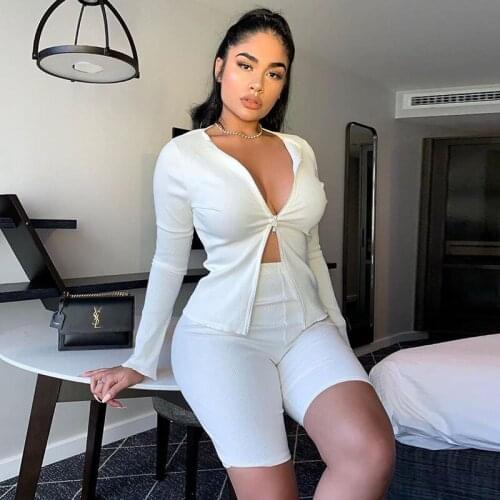 ZHYMIHRET O Neck Ribbed Double Zippers Two Pieces Set Women Long Split Sleeve Cardigan And Shorts 2 Piece Set 2020 Summer