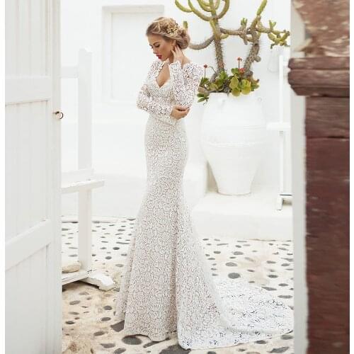 Robe Mariee Long Sleeve Mermaid Wedding Dress Lace Sukienka Na Wesele Backless V-Neck Hochzeitskleid Sexy Vestido De Noiva