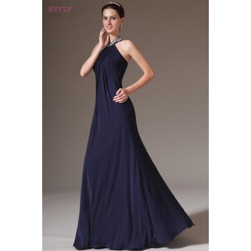 Navy Blue Evening Dresses Mermaid Halter Chiffon Beaded Backless Plus Size Long Evening Gown Prom Dresses Robe De Soiree