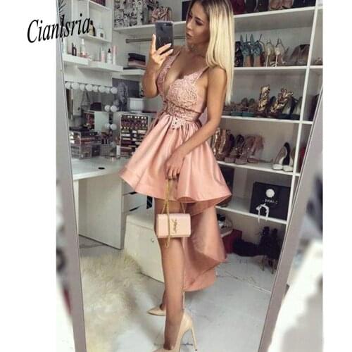 2020 Short Pink V Neck Cooktail Dresses Spaghetti Straps Homecoming Dresses High Low Prom Dresses
