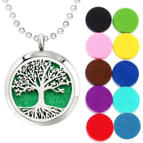 30mm Stainless Steel Diffuser Necklace Pendant Tree of Life Aromatherapy Essential Oil Locket DIY Women Making With 10pcs Pads
