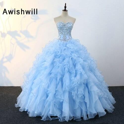 New Arrival Ball Gown Sweet 16 Dress Lace-up Back Beaded Ruffles Organza Sky Blue Quinceanera Dresses Vestidos de 15 Anos