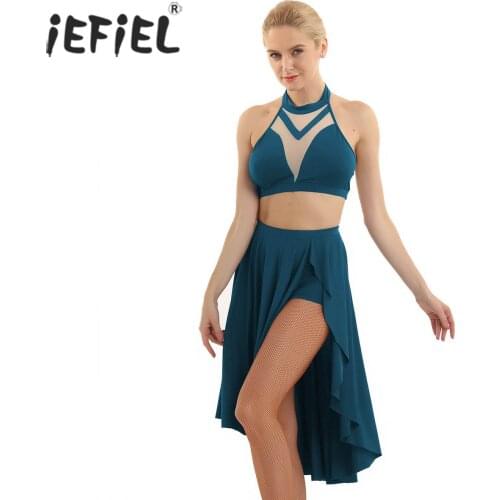 Adult Womens Performance Ballerina Asymmetric Gymnastics Leotard Dance Wear Backless Crop Top with Skirt Lyrical Dance Costumes
