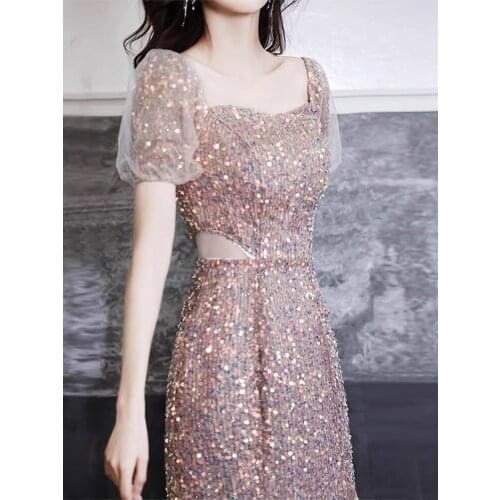 Elegant Shiny Cocktail Dresses Mermaid Sequins Square Collar A-Line Puff Sleeve Illusion Sexy Backless Formal Banquet Prom Gowns