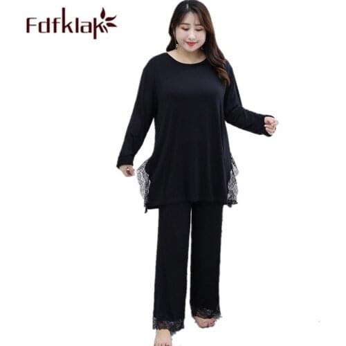 Fdfklak 2XL-6XL Plus Size Pajamas For Women Pijama Mujer Sexy PJ Set Modal Long Sleeve Homewear Black Lace Pijama 2020 New
