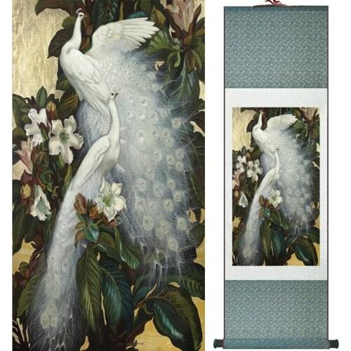 Peacock and flower painting Home Office Decoration Chinese scroll painting traditional birds and flower painting 042106
