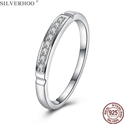 SILVERHOO Sterling Silver 925 Ring Minimalist Cubic Zirconia CZ Wedding Women Rings Simple Fine Jewelry Couple Anniversary Gift