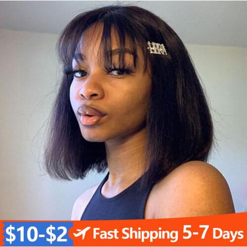 Short Bob Human Hair Wigs with Bangs Brazlian Straight Hair Machine Made Bob Wig for Black Women Natural color