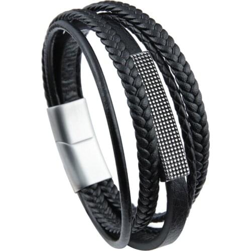 Multi-layer Braided Stainless Steel Black Leather Men Bracelet Stainless Steel Magnetic Buckle Jewelry 2021 Fashion New Style