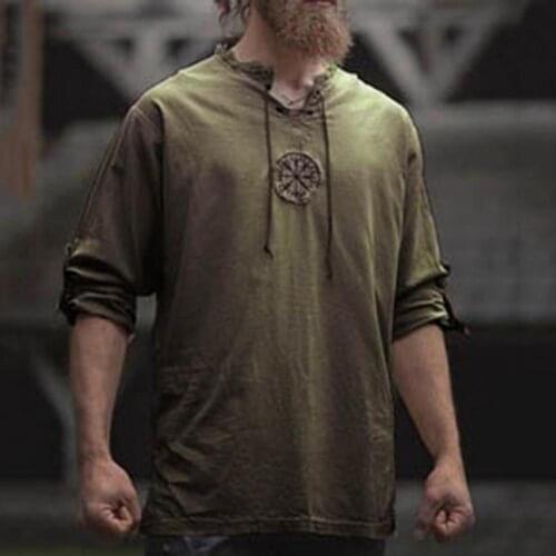 Men T-Shirt Long Sleeve Viking Embroidery Linen V Neck Men skin-friendly T-Shirt Streetwear Summer 2021
