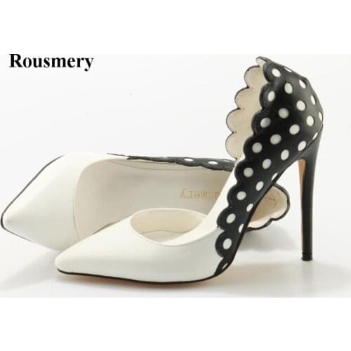 Office Ladies Fashion Pointed Toe White-black Patckwork Leather Pumps Wave Point Classical Design High Heels Formal Dress Shoes