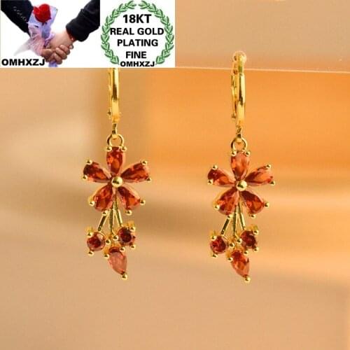 OMHXZJ Wholesale EA586 European Fashion Fine Woman Girl Party Birthday Wedding Gift Flower AAA Zircon 18KT Gold Drop Earrings