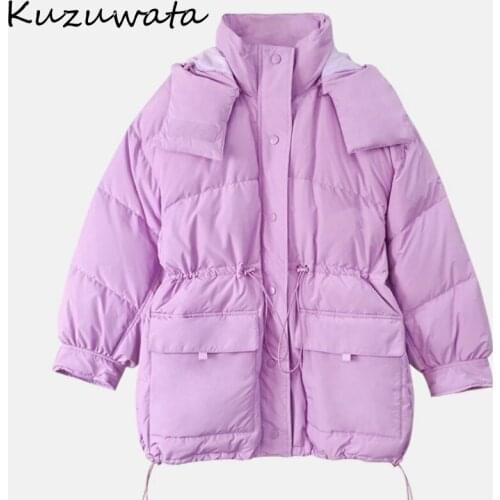 Down Women Winter Jacket Japan Style Sweet Parkas Solid Color Drawstring Slim Waist Hooded Cotton Coat Double Pockets