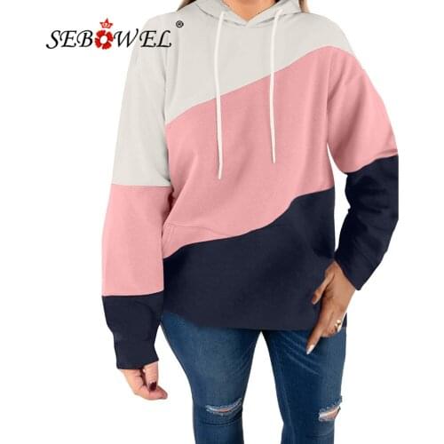 SEBOWEL Color Block Plus Size Woman Hoodies 2020 Casual Kangaroo Pocket Ladies Hoodie Oversize Long Sleeve Pullover Tops XL-5XL