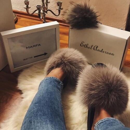 Ethel Anderson Real Fox Fur Slippers Womens Summer Slides Flip Flops Popular Fluffy Fur Sandals Beach Shoes