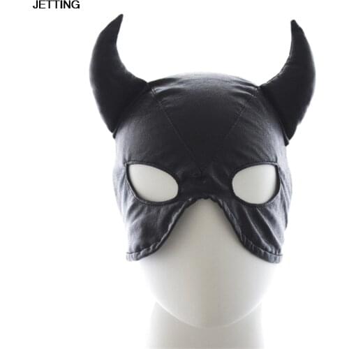 High Quality Black Night Club Cosplay Horn Masks PU Leather Mask Headgear Head Restraints Toys
