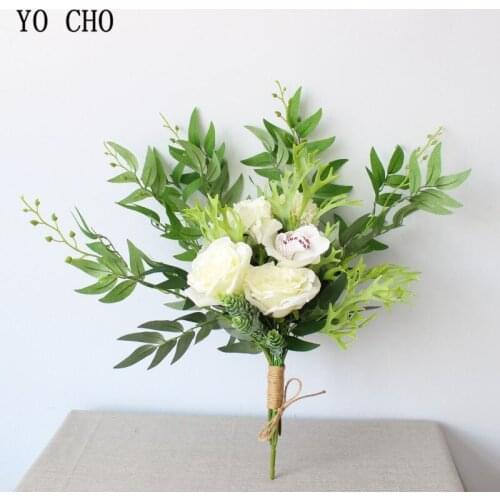YO CHO Silk Rose Flower Wedding Bouquets Artificial Hydrangea and Eucylaptus Leaves Flowers Decorative Christmas Flower Bouquets