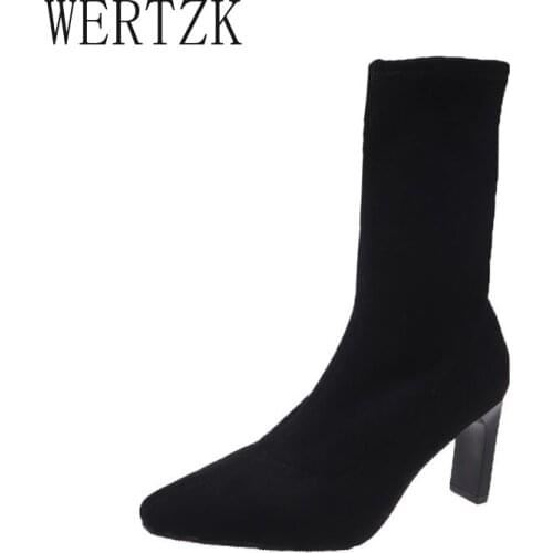 2021 Winter Hot Luxury Women 8 CM Block High Heels Mid-Calf Black Pointed Botas Western Fine With Chelsea Boots Female Shoes