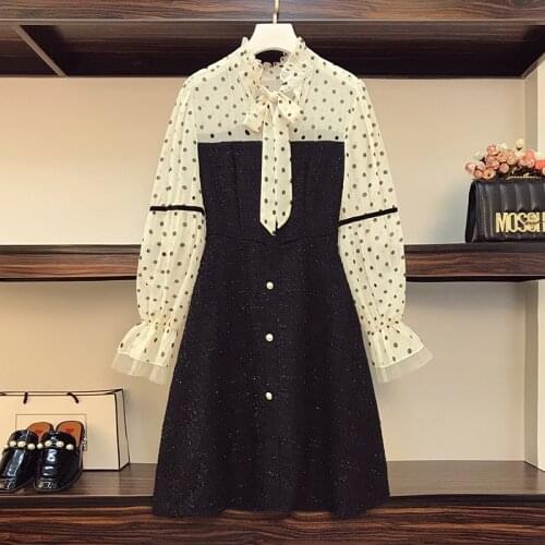M-4XL plus size women Patchwork thick vintage dresses 2021 autumn winter long Sleeve bow button elegant dress vestidos
