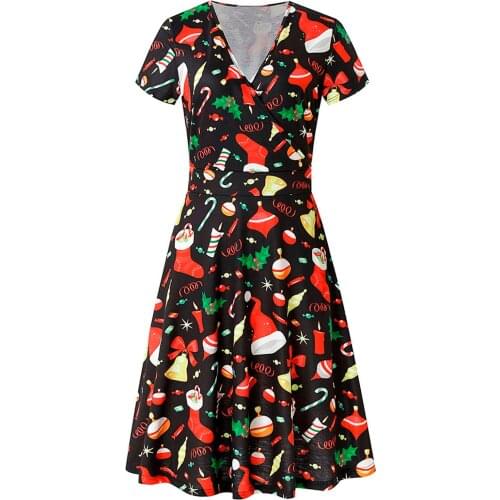 Women Merry Christmas Short Sleeve V Neck 1950s Housewife Dress Evening Party Prom Dresses For Women 2021 Vestidos De Mujer