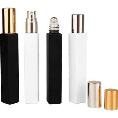 Gold Silver Spray Atomizer Perfume Vials 25pcs 10ml Empty Black White Square Glass Steel Bead Roller Refillable Roll on Bottle