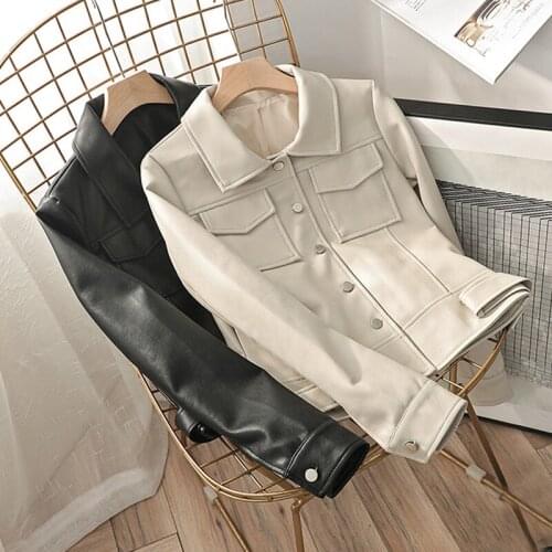 New Faux Leather Jacket Women Zipper Turn-Down Collar Solid Coat Jackets Motorcycle Biker Punk Ladies Long Sleeve PU Outwear