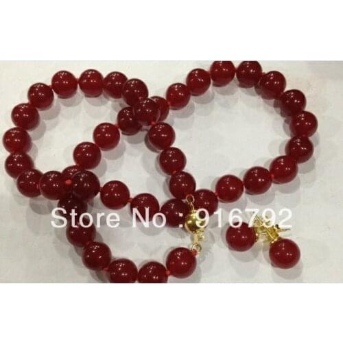 Free shipping >>>>10mm Natural Red stone Round Beads Necklace Earrings sets 18 "AAA F02