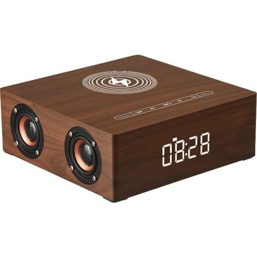 Wireless Charger Alarm Clock Wooden Bluetooth Speaker Subwoofer 3D Stereo Sound Box with Mic TF card for Smartphone Tablet PC