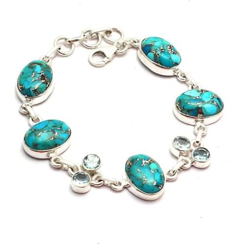 Genuine Blue Copper Turquoise + Blue Topaz Bracelet 925 Sterling Silver,19 cm, GRP0349